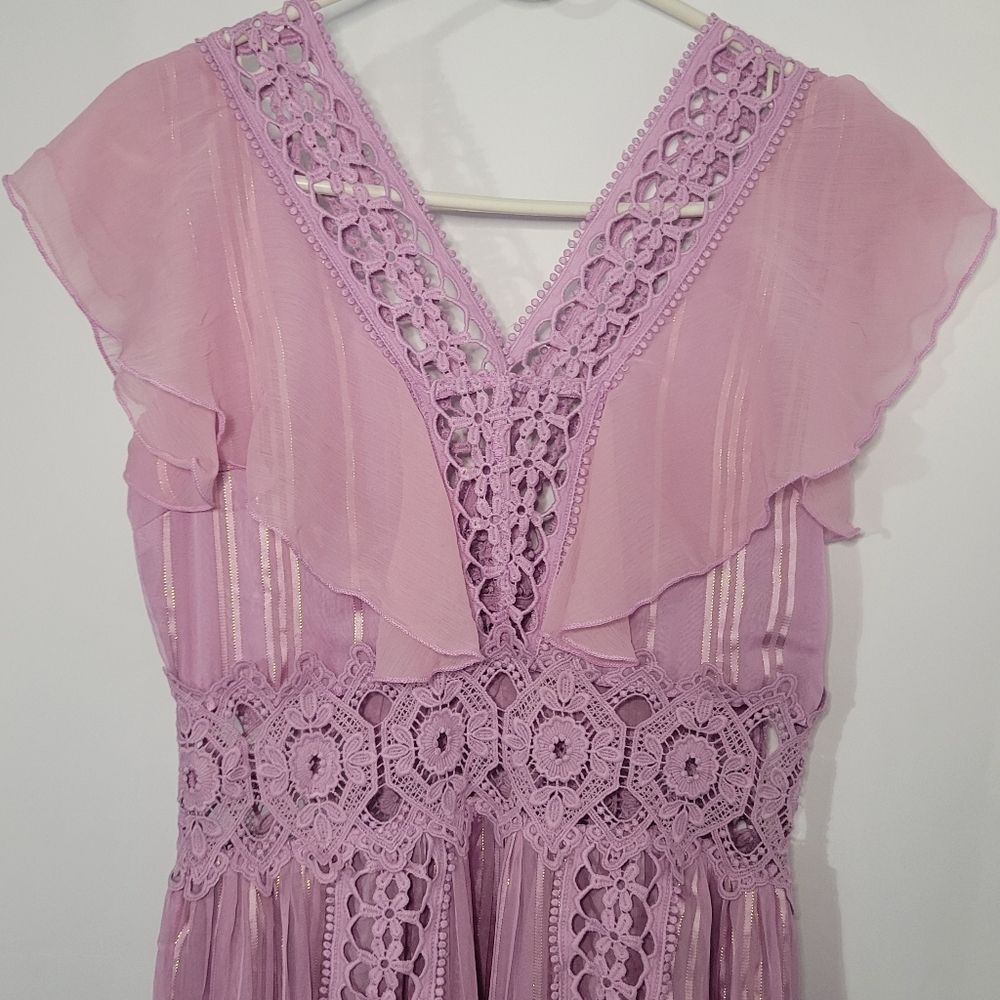 VENUS Lavender Maxi Dress Gold Metallic & Crochet Accents XS/2 Spring, Easter